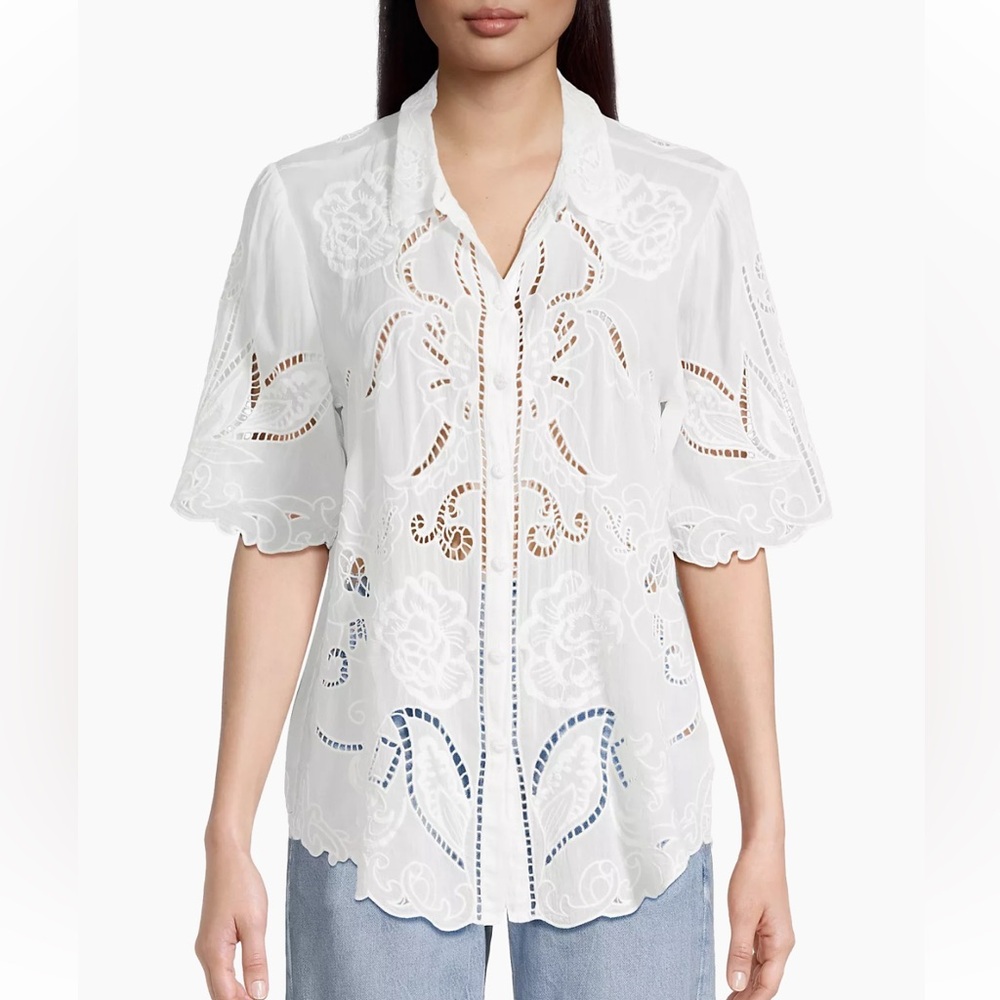 Johnny Was Chryssie Embroidered Short-Sleeve Blouse Size XS